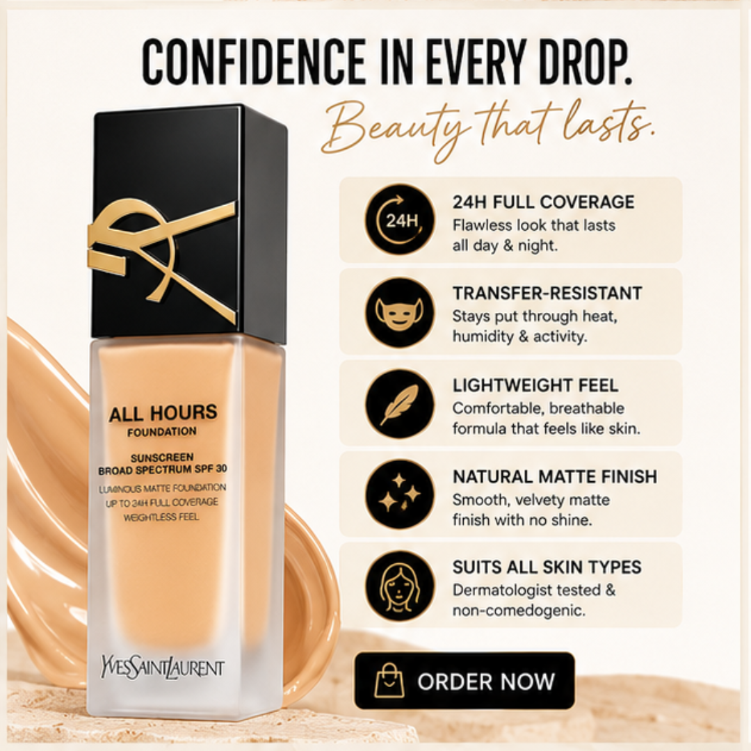 YSL All Hours Foundation – 24H Full Coverage, Natural Matte Finish – Flawless All Day Every Day – With SPF 30 – Lightweight, Transfer-Resistant – Suitable for All Skin Types – FREE Beauty Blender