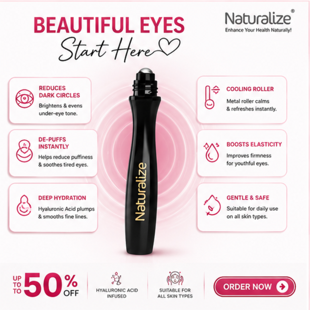 Naturalize Hyaluron Eye Roll-On – Anti-Puffiness & Dark Circles – Brighter, Smoother & Younger Eyes – With Hyaluronic Acid & Cooling Metal Roller – Reduces Dark Circles, Puffiness & Fine Lines
