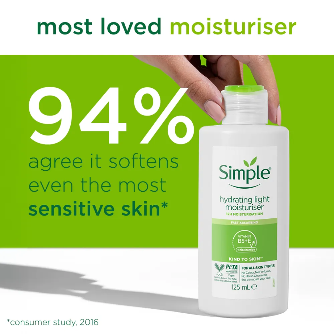 Simple Hydrating Light Moisturiser | 12-Hour Moisture, Vitamin B5+E & Niacinamide, for Sensitive Skin