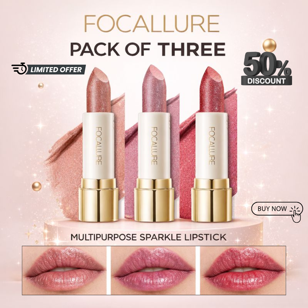 FOCALLURE Sparkle Lipstick Pack of 3 | Multi-Purpose Lipstick, Eyeshadow & Highlighter with Hydrating Shimmer Finish