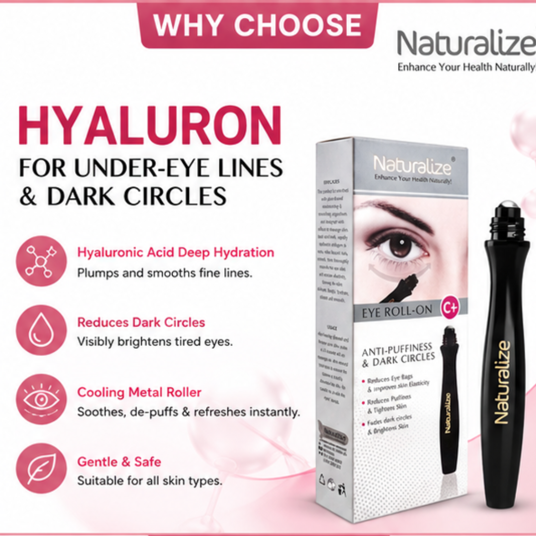 Naturalize Hyaluron Eye Roll-On – Anti-Puffiness & Dark Circles – Brighter, Smoother & Younger Eyes – With Hyaluronic Acid & Cooling Metal Roller – Reduces Dark Circles, Puffiness & Fine Lines