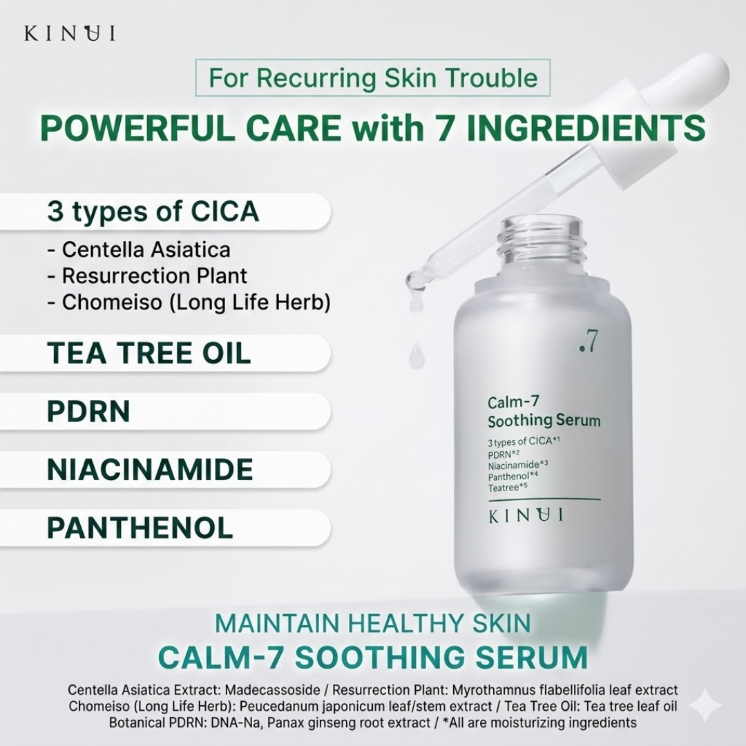 KINUI Calm-7 Soothing Serum | 7 Skin-Perfecting Ingredients with 3 Types of CICA, PDRN, Niacinamide, Panthenol & Tea Tree | Pore Control, Oil Balance & Pigmentation Care