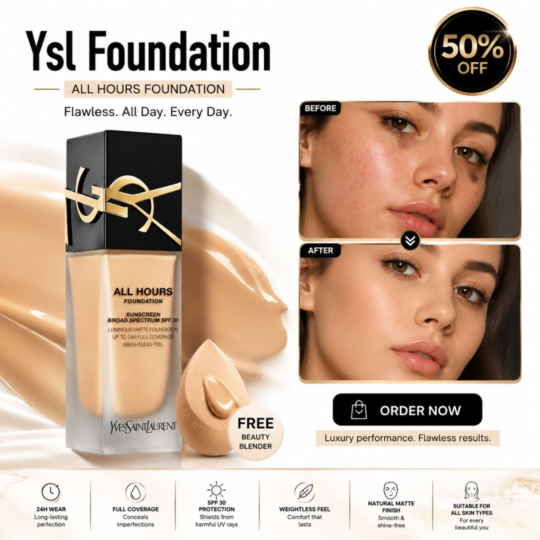 YSL All Hours Foundation – 24H Full Coverage, Natural Matte Finish – Flawless All Day Every Day – With SPF 30 – Lightweight, Transfer-Resistant – Suitable for All Skin Types – FREE Beauty Blender