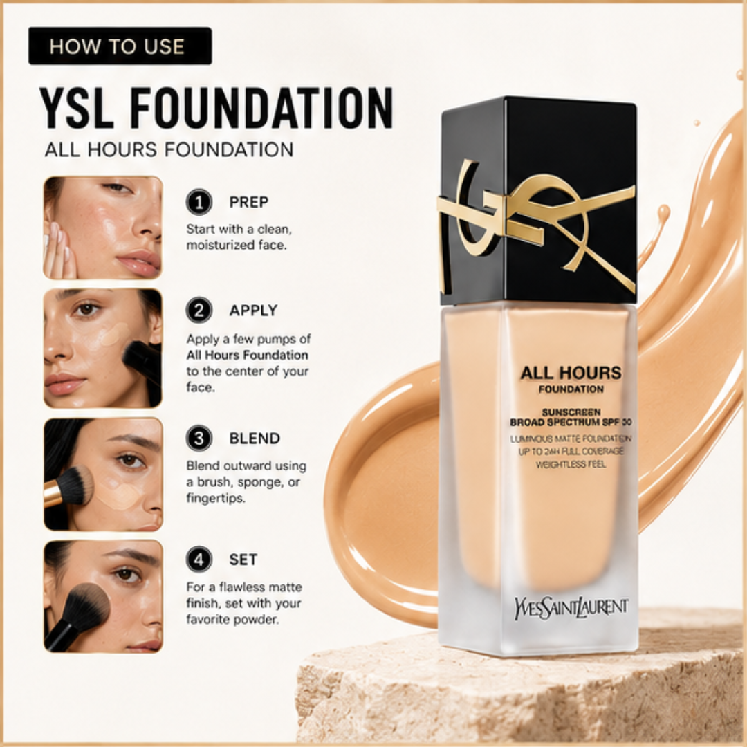 YSL All Hours Foundation – 24H Full Coverage, Natural Matte Finish – Flawless All Day Every Day – With SPF 30 – Lightweight, Transfer-Resistant – Suitable for All Skin Types – FREE Beauty Blender