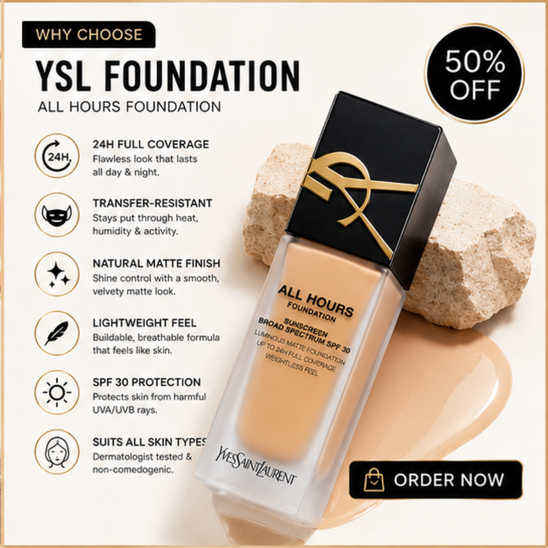 YSL All Hours Foundation – 24H Full Coverage, Natural Matte Finish – Flawless All Day Every Day – With SPF 30 – Lightweight, Transfer-Resistant – Suitable for All Skin Types – FREE Beauty Blender