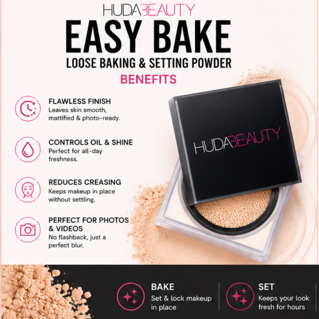 Huda Beauty Easy Bake Loose Baking & Setting Powder – Blur, Set & Smooth – Flawless Finish – 16HR Oil Control & Wear – Blurs Pores & Fine Lines – Lightweight, Non-Cakey
