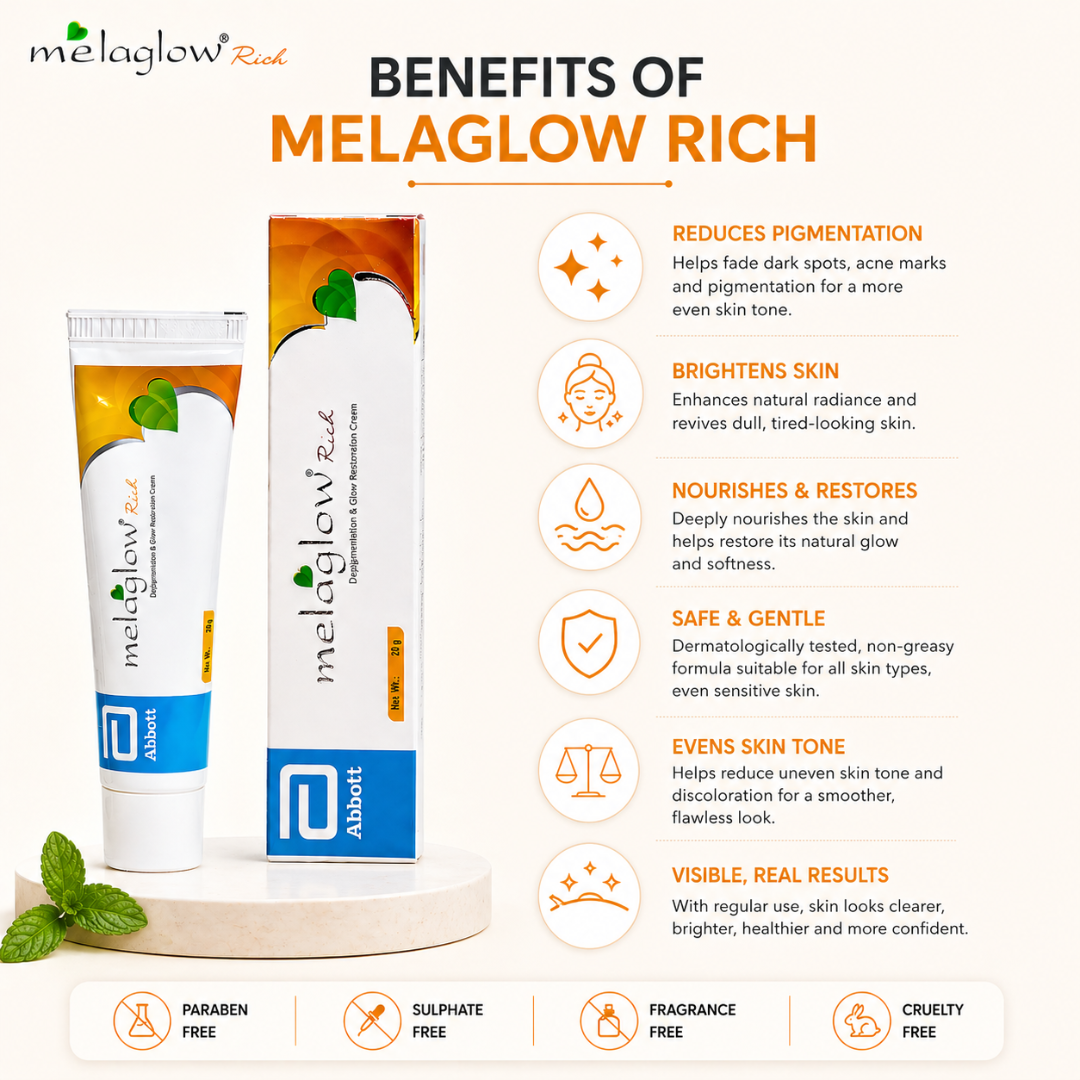 Melaglow Rich Depigmentation & Glow Restoration Cream – Reduces Dark Spots & Pigmentation, Evens Skin Tone, Boosts Natural Glow – Safe & Gentle for Daily Use – For Brighter, Even-Toned Healthy Skin