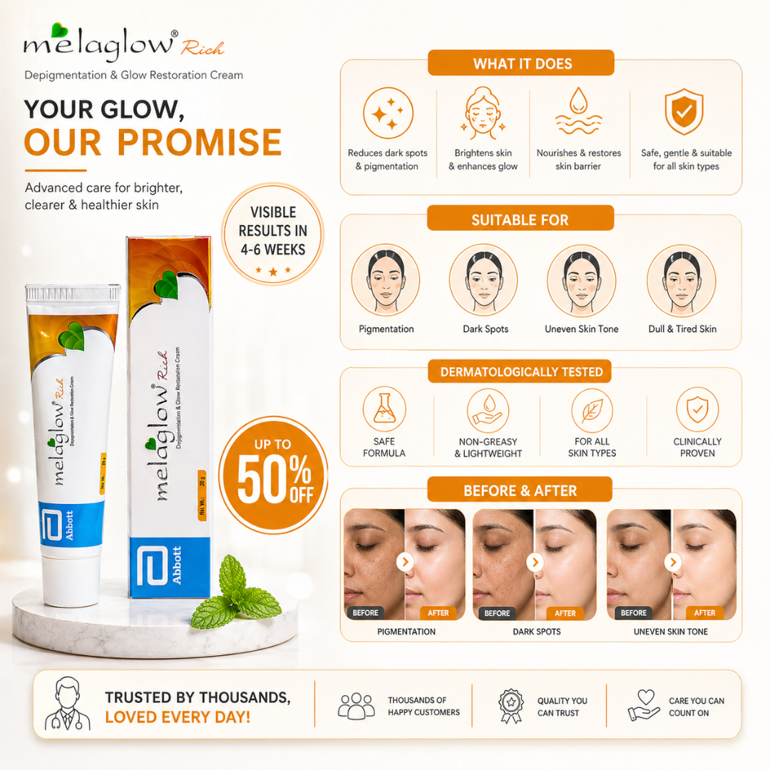 Melaglow Rich Depigmentation & Glow Restoration Cream – Reduces Dark Spots & Pigmentation, Evens Skin Tone, Boosts Natural Glow – Safe & Gentle for Daily Use – For Brighter, Even-Toned Healthy Skin