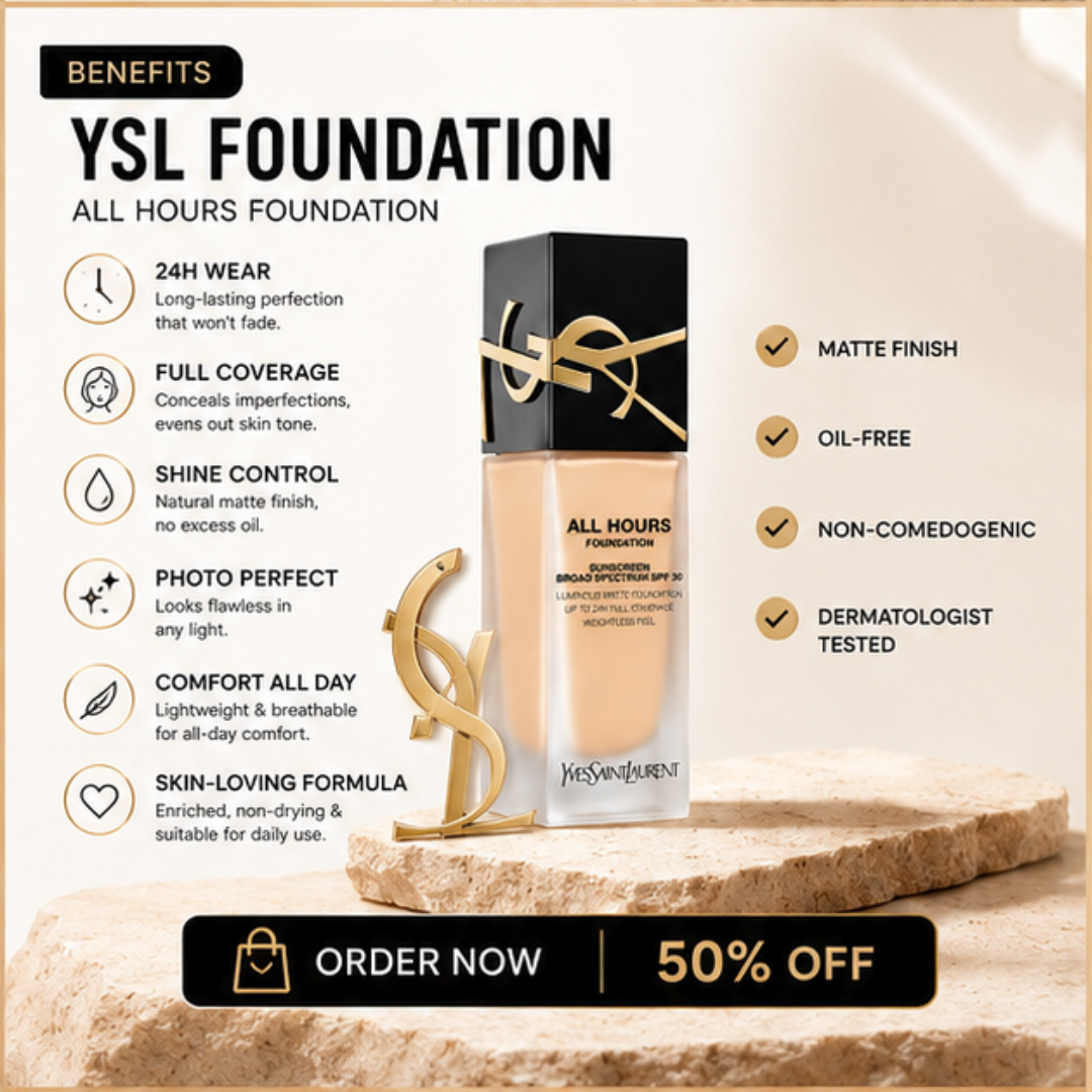YSL All Hours Foundation – 24H Full Coverage, Natural Matte Finish – Flawless All Day Every Day – With SPF 30 – Lightweight, Transfer-Resistant – Suitable for All Skin Types – FREE Beauty Blender