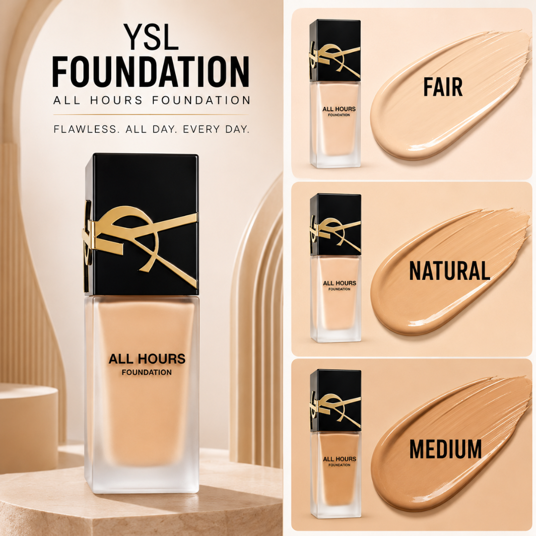 YSL All Hours Foundation – 24H Full Coverage, Natural Matte Finish – Flawless All Day Every Day – With SPF 30 – Lightweight, Transfer-Resistant – Suitable for All Skin Types – FREE Beauty Blender