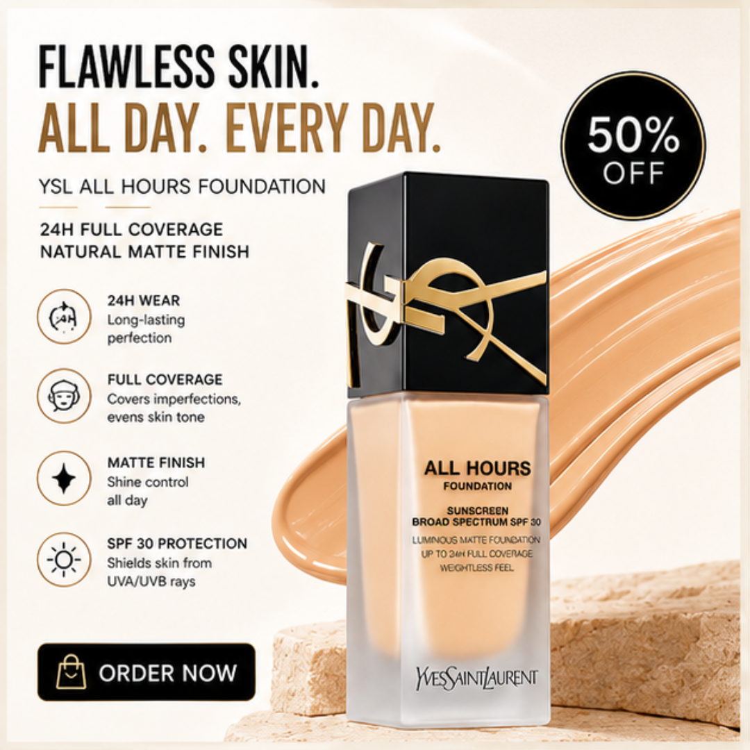 YSL All Hours Foundation – 24H Full Coverage, Natural Matte Finish – Flawless All Day Every Day – With SPF 30 – Lightweight, Transfer-Resistant – Suitable for All Skin Types – FREE Beauty Blender